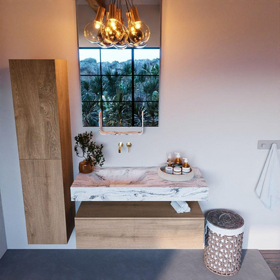 Mondiaz ALAN-DLUX Ensemble de meuble - 110cm - meuble Washed Oak mat - 1 tiroir - Lavabo Cloud Glace suspendu - vasque Gauche - 0 trous de robinet