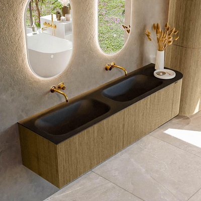 Mondiaz KURVE Ensemble de meubles de salle de bains - 175x46x40cm - 2 tiroirs - 1 porte - lavabo solid surface - double / gauche - sans trou de robinet - Dusk