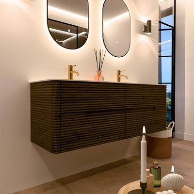Mondiaz CIRO-DLUX Meuble de salle de bains - 140x45x50cm - Plan vasque solid surface Opalo - 2 vasques double - 2 perçages de robinet - 4 tiroirs - Shadow