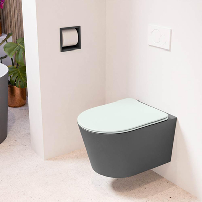 Mondiaz LAVIE hangtoilet – spoelrandloos – 36 x 53 cm – met softclose zitting – Dark grey (grijs), zitting Greey (lichtgroen/grijs)