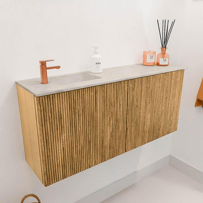 Mondiaz JOYA-DLUX 90cm toiletmeubel - kleur Oak - Wastafel FAYE positie Links 1 kraangat kleur Ostra.
