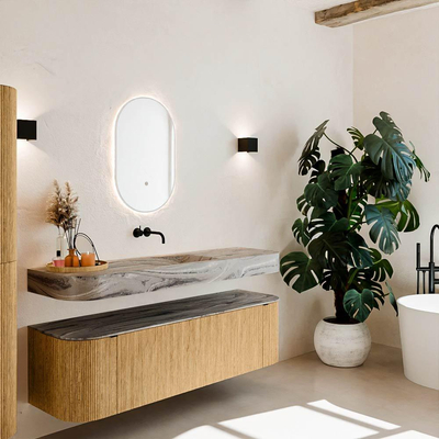 MONDIAZ THOR-DLUX 160cm meuble de salle de bains arrondi gauche + droite couleur Oak avec 1 tiroir et 2 portes. Vasque suspendue CLOUD Centre sans trou de robinet couleur Sombra.