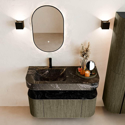 MONDIAZ THOR-DLUX 110cm meuble de salle de bains arrondi gauche + droite couleur Shadow avec 1 tiroir et 2 portes. Vasque suspendue CLOUD Gauche 1 trou de robinet couleur Lava.