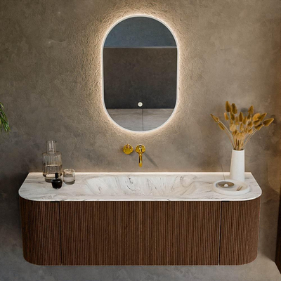MONDIAZ KURVE-DLUX 140cm badmeubel met module 25 Len R kleur Walnut met 1 lade en 2 deuren. Wastafel BIG SMALL midden zonder kraangat kleur Glace.