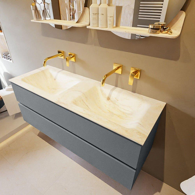 Mondiaz VICA-DLUX ensemble de meuble de salle de bain - 130cm - meuble sous-vasque plata - 2 tiroirs - lavabo encastré cloud double - sans trous de robinet - miroir modèle spot - version XL 60cm de haut - ostra