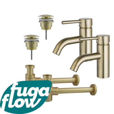 FugaFlow Eccelente Sobrado Badkamer Wastafelkraanset - voor dubbele wastafel - lage wastafelkraan - klikwaste plug - verlaagde design sifon - PVD Geborsteld Messing
