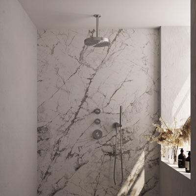 BRAUER Stripe Douche de tête thermostatique encastrée - SET 03 - pomme de douche 25cm - bras plafond - douchette sur barre - flexible de douche - coude mural - couleur inox brossé PVD