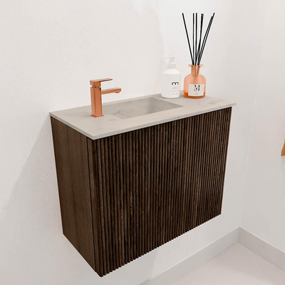 Mondiaz JOYA-DLUX 50cm toiletmeubel - kleur Walnut - Wastafel FAYE positie Links 1 kraangat kleur Opalo.
