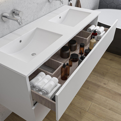 Adema Chaci Meuble salle de bain - 120x46x57cm - 2 vasques en céramique blanche - sans trou de robinet - 2 tiroirs - miroir rond avec éclairage - blanc mat