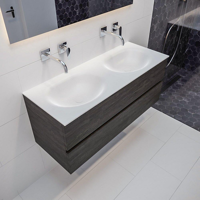 MONDIAZ VICA Ensemble de meuble salle de bain - 120cm - 2 tiroirs - lavabo Moon double - 0 trous de robinet - solid surface marron foncé