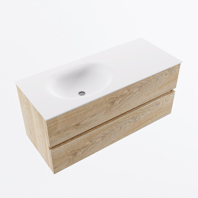 Mondiaz VICA ensemble de meuble de salle de bain - 110cm - meuble sous-vasque chêne blanchi - 2 tiroirs - lavabo lune gauche - sans trous de robinet - version haute 60cm - talc