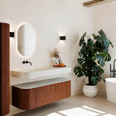 MONDIAZ THOR-DLUX 140cm meuble de salle de bains arrondi gauche + droite couleur Ruby avec 1 tiroir et 2 portes. Vasque suspendue CLOUD Gauche sans trou de robinet couleur Opalo.