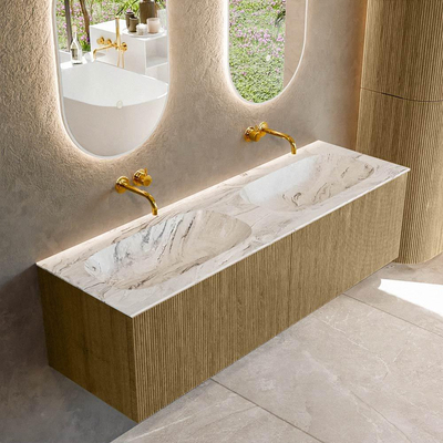 Mondiaz KURVE-DLUX Badkamermeubelset - 150x46x40cm - 2 lade - wastafel solid surface - dubbel - zonder kraangat - Dusk