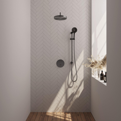 BRAUER Stripe Thermostatische Inbouw Regendouche - 3-weg - rond - 25cm douchekop - gebogen muurarm - 3-standen handdouche - doucheslang - geïntegreerde glijstang - gunmetal geborsteld PVD