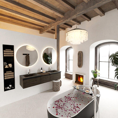 MONDIAZ BUKLA meuble de salle de bain 160 cm avec module 40 couleur Marron Foncé avec 3 tiroirs. Lavabo CLOUD double 2 trous de robinet couleur Urban.