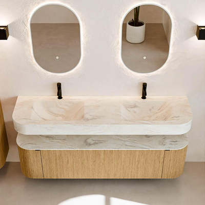 MONDIAZ THOR-DLUX 170cm badmeubel ronding links + rechts kleur Oak met 1 lade en 2 deuren. Vrijhangende wastafel CLOUD Dubbel 2 kraangaten kleur Ostra.