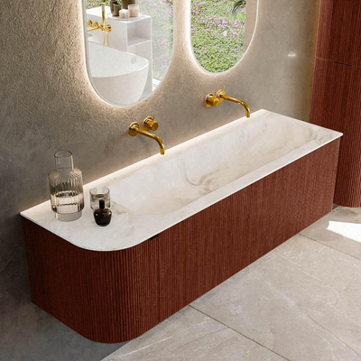 Mondiaz KURVE-DLUX Ensemble de meuble de salle de bains - 145x46x40cm - 1 tiroir - 1 porte - lavabo solid surface - droite - sans trou de robinet - Ruby