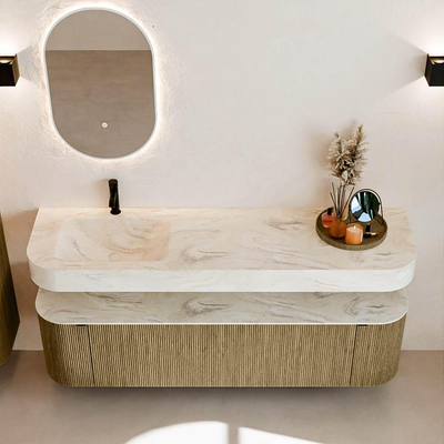 MONDIAZ THOR-DLUX Meuble de salle de bains 170cm arrondi gauche + droite couleur Dusk avec 1 tiroir et 2 portes. Vasque suspendue CLOUD Gauche 1 trou de robinet couleur Ostra.