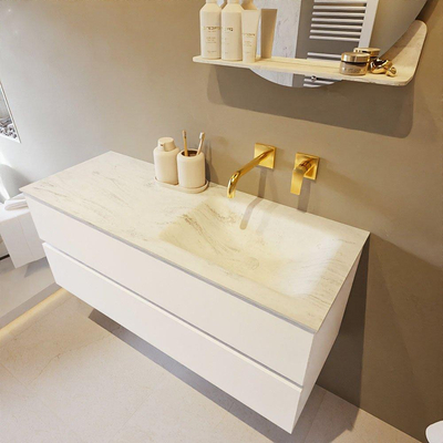 Mondiaz VICA-DLUX ensemble de meuble de salle de bain - 120cm - meuble sous lavabo talc - 2 tiroirs - lavabo encastré cloud droite - sans trous de robinet - version haute de 60cm - opalo