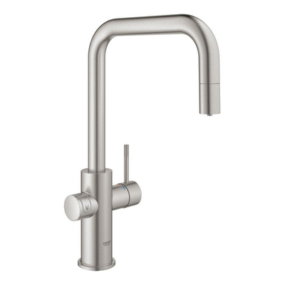 Grohe Blue Home Keukenkraan - uittrekbare u uitloop - 1 gats - filterfunctie - plat licht en bruisend water - Brushed Supersteel (RVS)