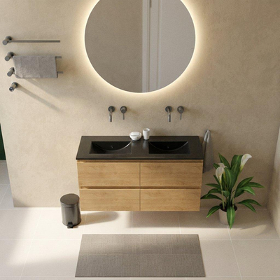 Saniclass Holz Pure Ensemble de meubles de salle de bains - 120x45x62cm - Vasque Vygo en céramique noire - 2 vasques - sans trous de robinetterie - 4 tiroirs - chêne natural mat (bois)