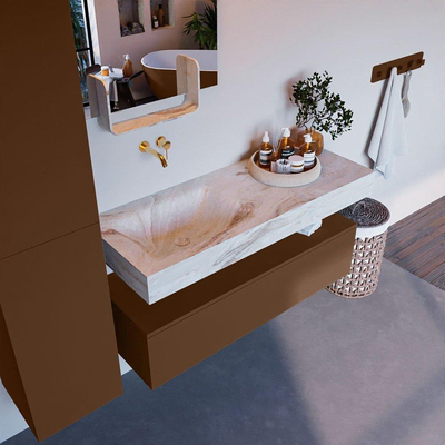Mondiaz ALAN-DLUX Ensemble de meuble - 120cm - meuble Rust mat - 1 tiroir - Lavabo Cloud Frappe suspendu - vasque Gauche - 0 trous de robinet