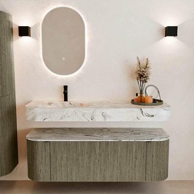 MONDIAZ THOR-DLUX 140cm meuble de salle de bains arrondi gauche + droite couleur Shadow avec 1 tiroir et 2 portes. Vasque suspendue CLOUD Gauche 1 trou de robinet couleur Glace.