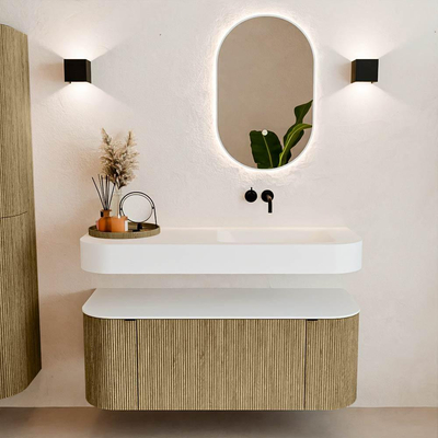 MONDIAZ THOR Meuble de salle de bains 120cm arrondi gauche + droite couleur Dusk avec 1 tiroir et 2 portes. Vasque suspendue CLOUD Droite sans trou de robinet couleur Talc.