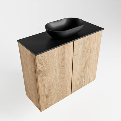 Mondiaz Fowy Meuble de toilette - 60x50x23cm - chêne blanchi mat - 0 trous de robinet - lavabo centré - 2 portes - solid surface - plan Mélamine - lavabo : noir