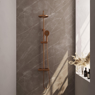 Brauer Copper Edition Regendoucheset opbouw - hoofddouche 20cm - glijstang - handdouche rond 3 standen - gladde knoppen - PVD - geborsteld koper SHOWROOMMODEL