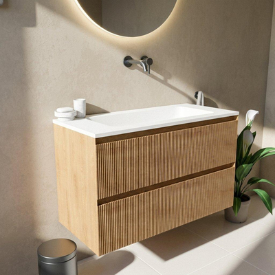Saniclass Holz Atelier Ensemble meuble de salle de bains - 100x45x77.5cm - lavabo Torino en solid surface blanc - sans trou de robinet - 2 tiroirs - chêne natural mat (bois)