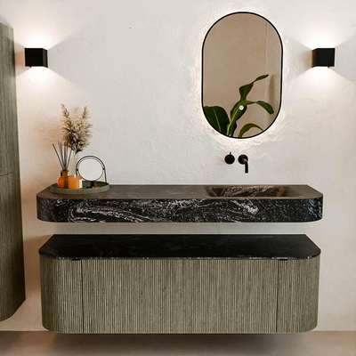 MONDIAZ THOR-DLUX 150cm meuble de salle de bains arrondi gauche + droite couleur Shadow avec 1 tiroir et 2 portes. Vasque suspendue CLOUD droite sans trou de robinet couleur Lava.