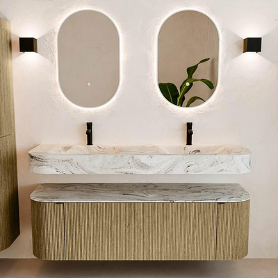 MONDIAZ THOR-DLUX 150cm meuble de salle de bains arrondi gauche + droite couleur Dusk avec 1 tiroir et 2 portes. Vasque suspendue CLOUD Double 2 trous de robinet couleur Glace.