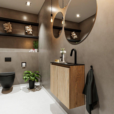 MONDIAZ TURE Fonteinset - 60x23x50cm - 1 kraangat - 2 deuren - washed oak mat - Wasbak rechts - Solid Surface Zwart