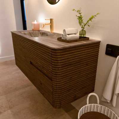 Mondiaz CIRO-DLUX Badkamermeubelset - 120x45x50cm - Solid surface wastafel Sombra - 1 wasbak Links - 1 kraangat - 2 lades - Dusk