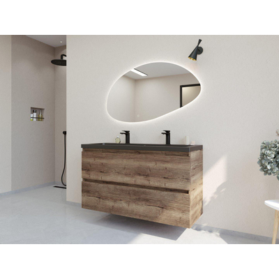 HR badmeubelen Infinity XXL 3D Ensemble de meubles de salle de bains - 120 cm - 1 lavabo en céramique djazz noir mat - 2 trous de robinet - 2 tiroirs - charleston