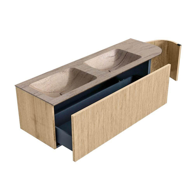 MONDIAZ KURVE-DLUX 145cm meuble de salle de bains arrondi Droite couleur Chêne avec 1 tiroir et 1 porte. Lavabo LEAF Double / Gauche sans trou de robinet Saba.