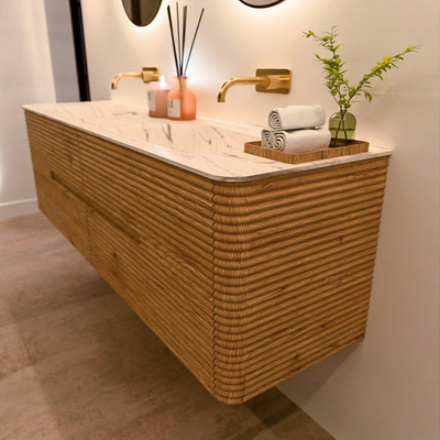 Mondiaz CIRO-DLUX Meuble de salle de bains - 170x45x50cm - Plan vasque Solid surface Nata - 2 bacs Double - sans trous de robinetterie - 4 tiroirs - Chêne