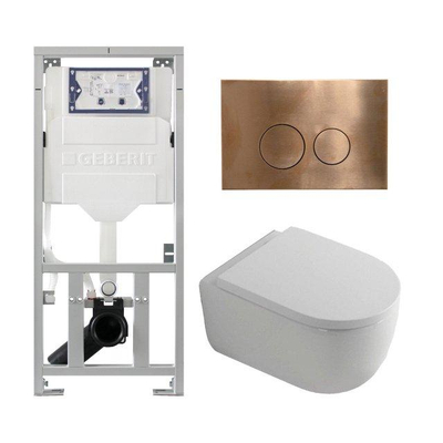 QeramiQ Dely Swirl Ensemble WC- 36.3x51.7cm - Fond creux - Sans bride - Réservoir encastré Geberit UP320 - Abattant de 35mm d'épaisseur - Plaque de commande en cuivre - Boutons ronds - Blanc mat