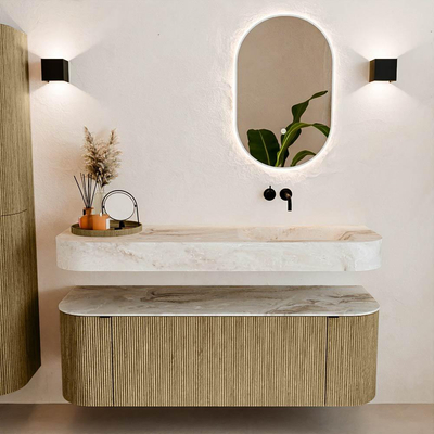 MONDIAZ THOR-DLUX 140cm meuble de salle de bains arrondi gauche + droite couleur Dusk avec 1 tiroir et 2 portes. Vasque suspendue CLOUD droite sans trou de robinet couleur Frappe.