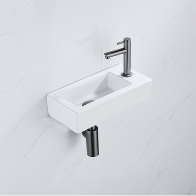 QeramiQ Fuente Ensemble lave-mains - 37.5x18.5x9cm - céramique - trou de robinet à droite - robinet de lave-mains gunmetal - bonde - siphon abaissé - Blanc brillant