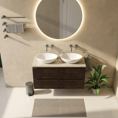Saniclass Holz Atelier Ensemble meuble de salle de bains - 120x45x63cm - Plateau en pierre naturelle travertin - sans trou de robinet - 2 tiroirs - chêne charcoal mat (bois)