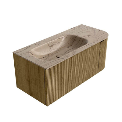 MONDIAZ KURVE-DLUX Meuble de salle de bains 105cm arrondi à droite couleur Dusk avec 1 tiroir et 1 porte. Lavabo BIG SMALL à gauche sans trou de robinet Arena.