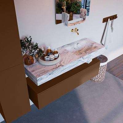 Mondiaz ALAN-DLUX Ensemble de meuble - 130cm - meuble Rust mat - 1 tiroir - Lavabo Cloud Glace suspendu - vasque Droite - 0 trous de robinet