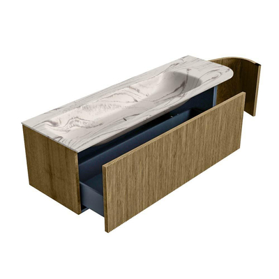 MONDIAZ KURVE-DLUX 145cm badmeubel ronding Rechts kleur Dusk met 1 lade en 1 deur. Wastafel BIG LARGE Links 2 kraangaten Nata.
