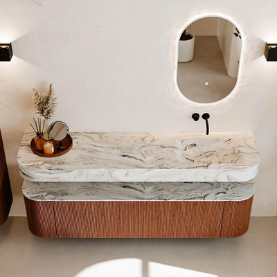 MONDIAZ THOR-DLUX 180cm meuble de salle de bains arrondi gauche + droite couleur Ruby avec 2 tiroirs et 2 portes. Vasque suspendue CLOUD droite sans trou de robinet couleur Glace.