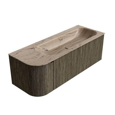 MONDIAZ KURVE-DLUX Meuble de salle de bains 125cm arrondi à gauche couleur Shadow avec 1 tiroir et 1 porte. Lavabo BIG MEDIUM à droite 1 trou de robinet Arena.