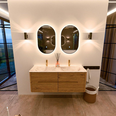Mondiaz CIRO-DLUX Badkamermeubelset - 130x45x50cm - Solid surface wastafel Frappe - 2 wasbak Dubbel - 2 kraangaten - 4 lades - Oak