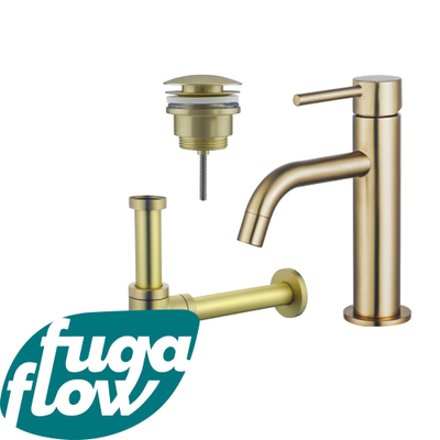 FugaFlow Eccelente Sobrado Badkamer Slim Wastafelkraanset - lage wastafelkraan - klikwaste plug - design sifon - PVD Geborsteld Messing