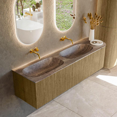 MONDIAZ KURVE-DLUX Meuble de salle de bains 165cm arrondi à droite couleur Dusk avec 2 tiroirs et 1 porte. Lavabo STOR SMALL Double / Gauche sans trou de robinet Oza.